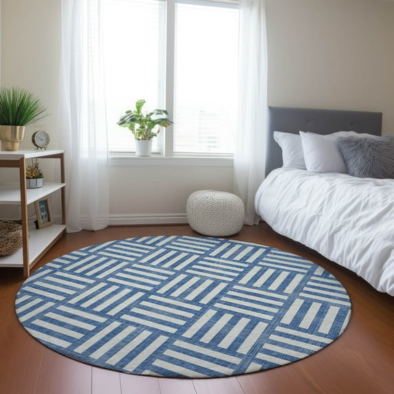 Addison Rugs Chantille Indoor/Outdoor Transitional Squares Blue Washable Round Rug, 8' x 8'
