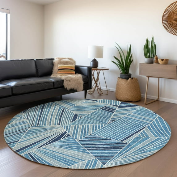Addison Rugs Chantille Indoor/Outdoor Transitional Geometric Blue Washable Round Rug, 8' x 8'