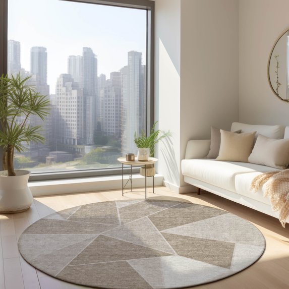 Addison Rugs Chantille Indoor/Outdoor Transitional Geometric Taupe Washable Round Rug, 8' x 8'