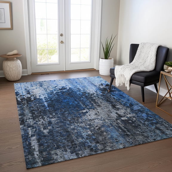 Addison Rugs Chantille Indoor/Outdoor Transitional Squares Blue Washable Rectangle Rug, 5' x 7'6"