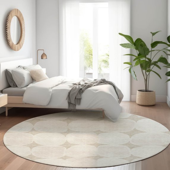 Addison Rugs Chantille Indoor/Outdoor Transitional Circles Beige Washable Round Rug, 8' x 8'