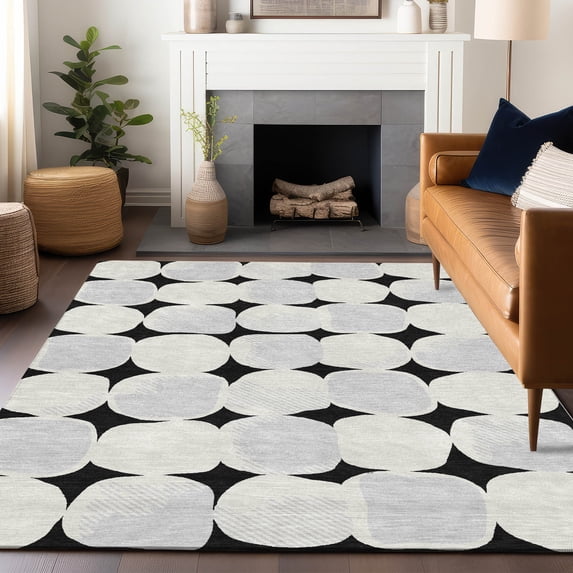 Addison Rugs Chantille Indoor/Outdoor Transitional Circles Black Washable Rectangle Rug, 5' x 7'6"