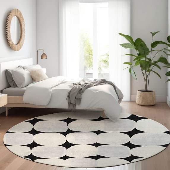 Addison Rugs Chantille Indoor/Outdoor Transitional Circles Black Washable Round Rug, 8' x 8'