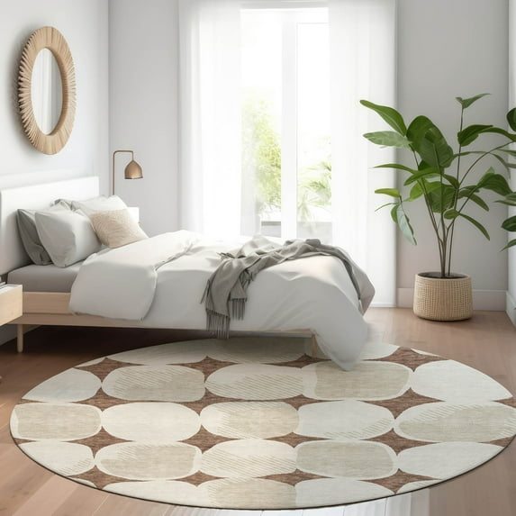 Addison Rugs Chantille Indoor/Outdoor Transitional Circles Brown Washable Round Rug, 8' x 8'