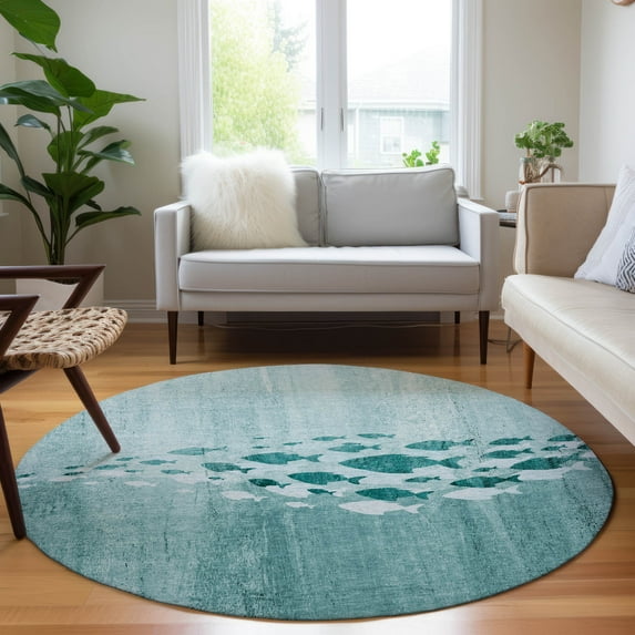 Addison Rugs Chantille Indoor/Outdoor Transitional Nautical Teal Washable Round Rug, 8' x 8'