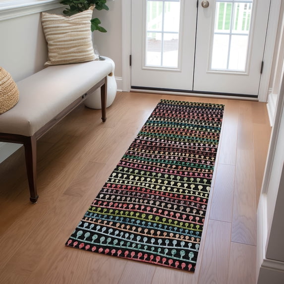 Addison Rugs Chantille Indoor/Outdoor Transitional Stripes Black Washable Runner Rug, 2'3" x 7'6"