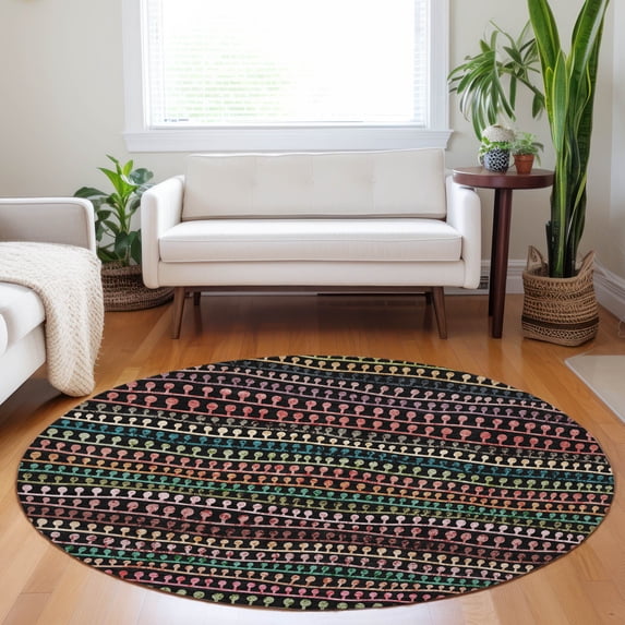 Addison Rugs Chantille Indoor/Outdoor Transitional Stripes Black Washable Round Rug, 8' x 8'