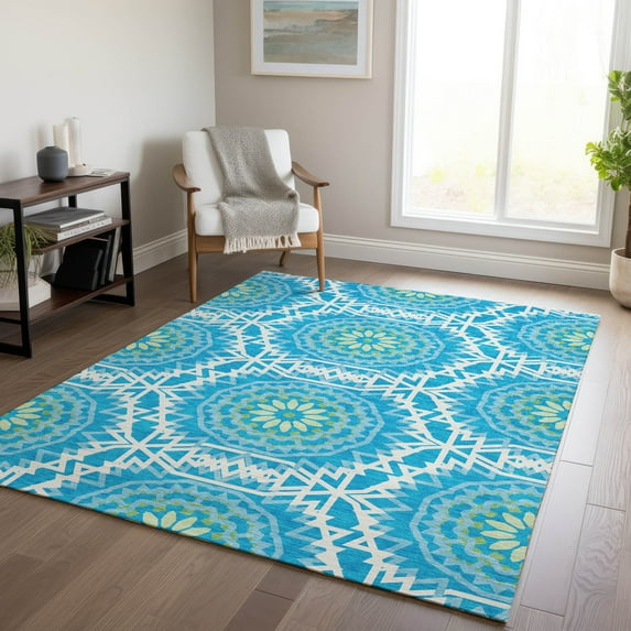 Addison Rugs Chantille Indoor/Outdoor Transitional Circles Blue Washable Rectangle Rug, 3' x 5'