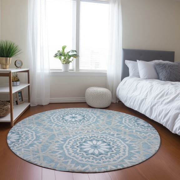 Addison Rugs Chantille Indoor/Outdoor Transitional Circles Denim Washable Round Rug, 8' x 8'