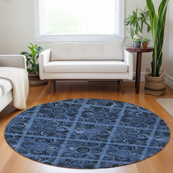 Addison Rugs Chantille Indoor/Outdoor Transitional Medallions Denim Washable Round Rug, 8' x 8'