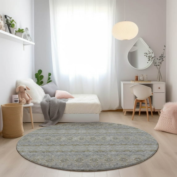 Addison Rugs Chantille Indoor/Outdoor Transitional Bohemian Silver Washable Round Rug, 8' x 8'