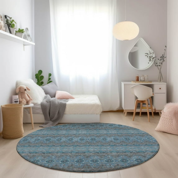 Addison Rugs Chantille Indoor/Outdoor Transitional Bohemian Teal Washable Round Rug, 8' x 8'