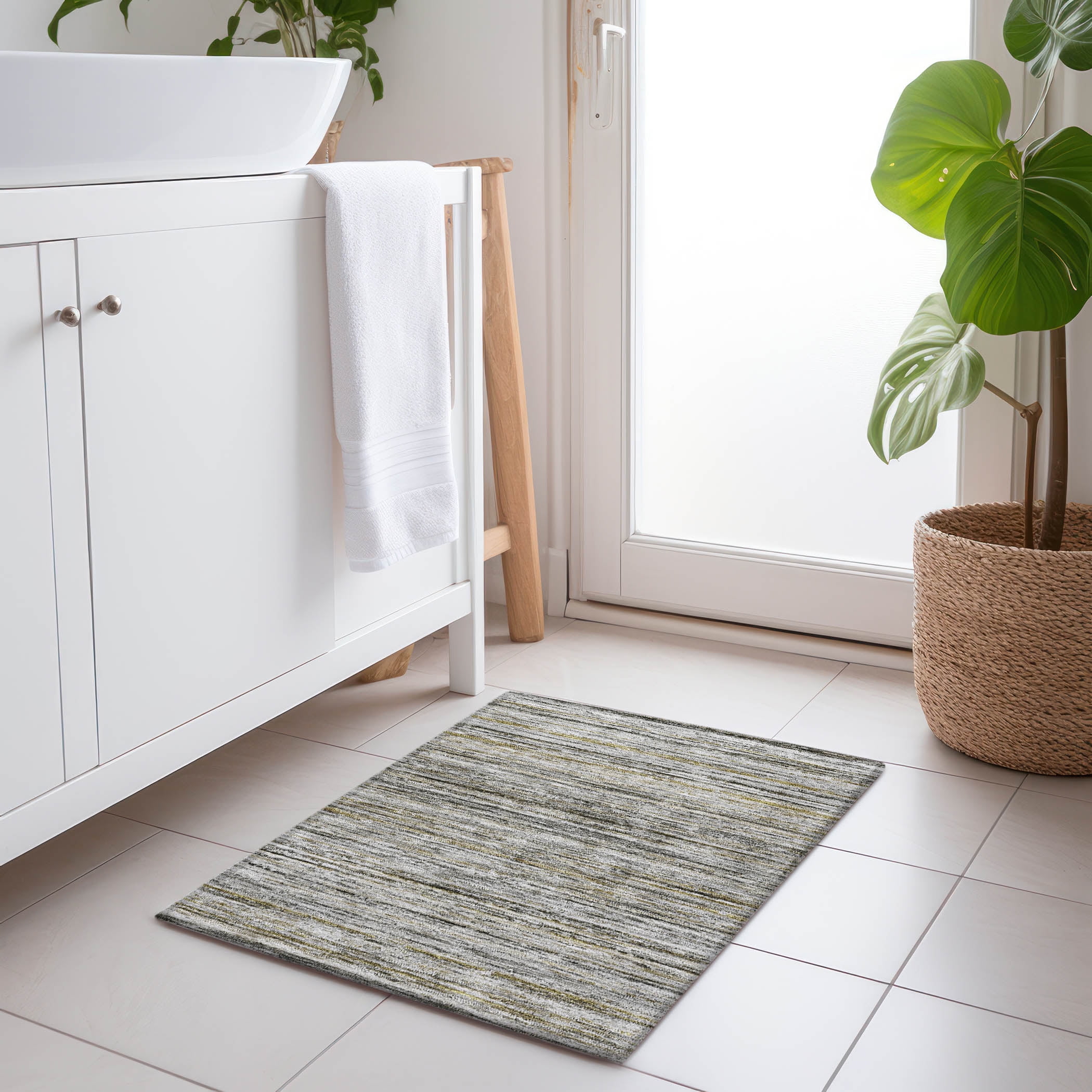 Pewter Striped Synthetic Flat Woven Washable Rug 20" x 30"
