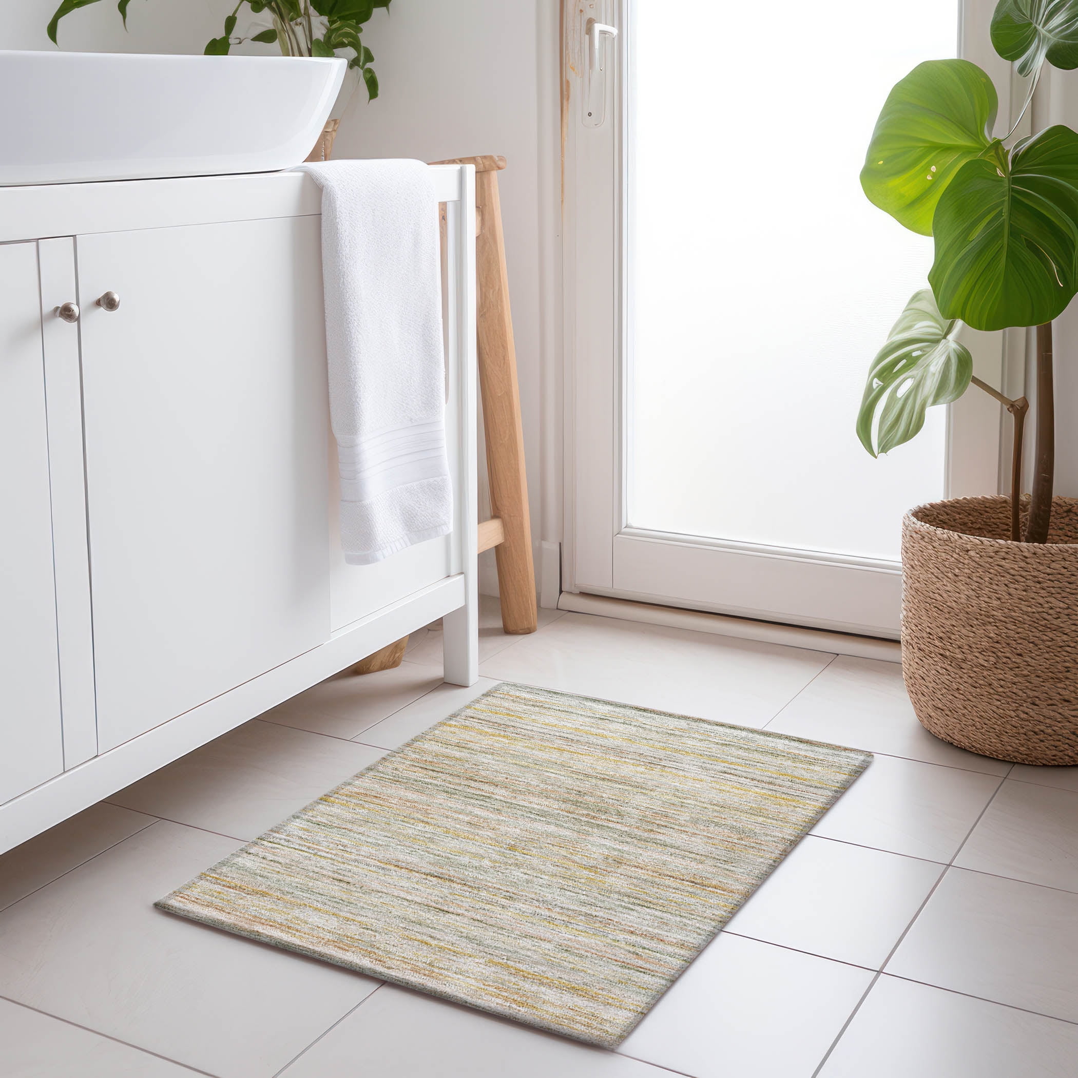 Sage Striped Synthetic Washable Rectangular Rug 30" x 20"