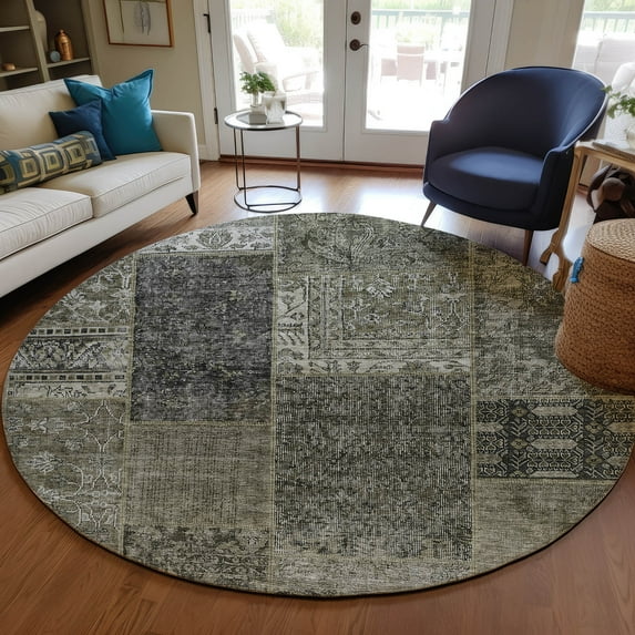 Addison Rugs Chantille Indoor/Outdoor Transitional Patchwork Taupe Washable Round Rug, 8' x 8'