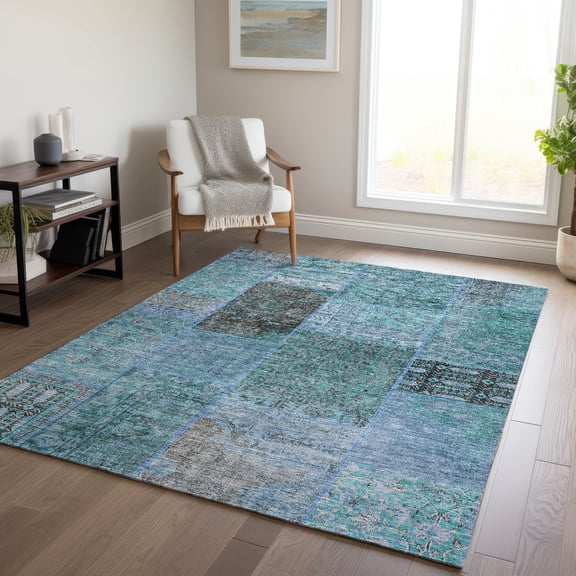 Addison Rugs Chantille Indoor/Outdoor Transitional Patchwork Teal Washable Rectangle Rug, 2'6" x 3'10"