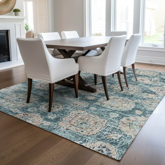 Addison Rugs Chantille Indoor/Outdoor Transitional Floral Teal Washable Rectangle Rug, 8' x 10'