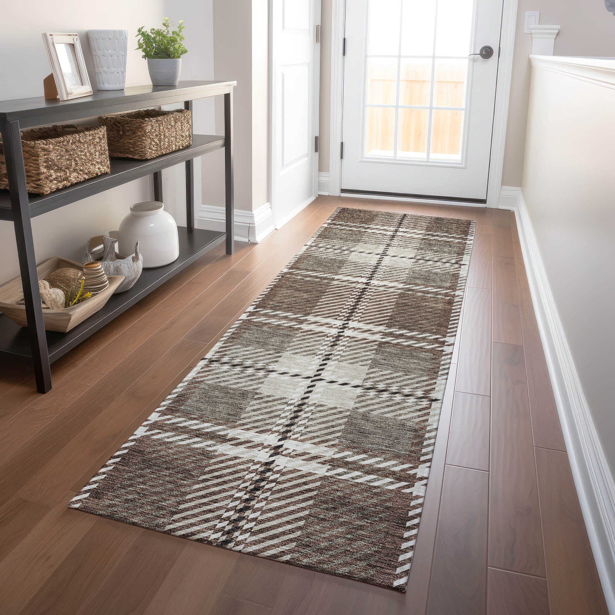 Addison Rugs Chantille Indoor/Outdoor Transitional Plaid Brown Washable Runner Rug, 2'3" x 7'6"