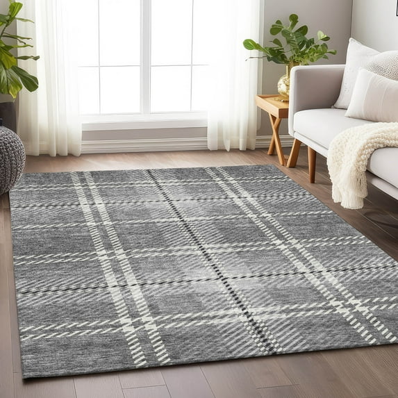 Addison Rugs Chantille Indoor/Outdoor Transitional Plaid Gray Washable Rectangle Rug, 5' x 7'6"