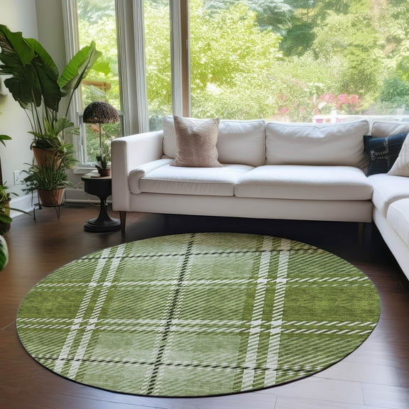 Addison Rugs Chantille Indoor/Outdoor Transitional Plaid Green Washable Round Rug, 8' x 8'