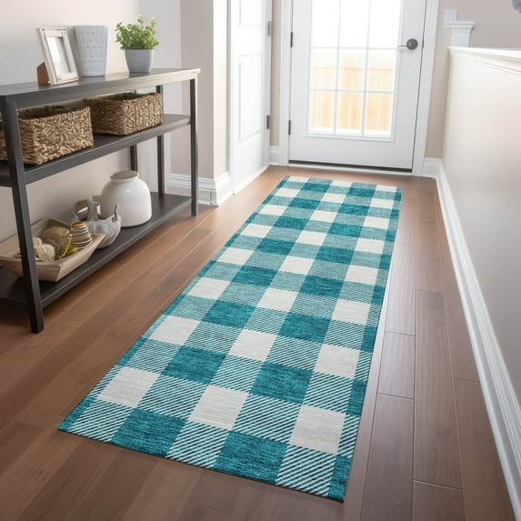 Addison Rugs Chantille Indoor/Outdoor Transitional Plaid Teal Washable Runner Rug, 2'3" x 7'6"