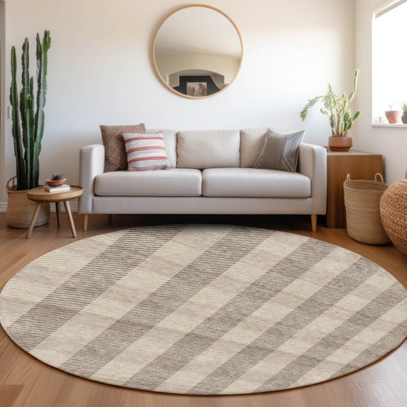 Addison Rugs Chantille Indoor/Outdoor Transitional Plaid Beige Washable Round Rug, 8' x 8'