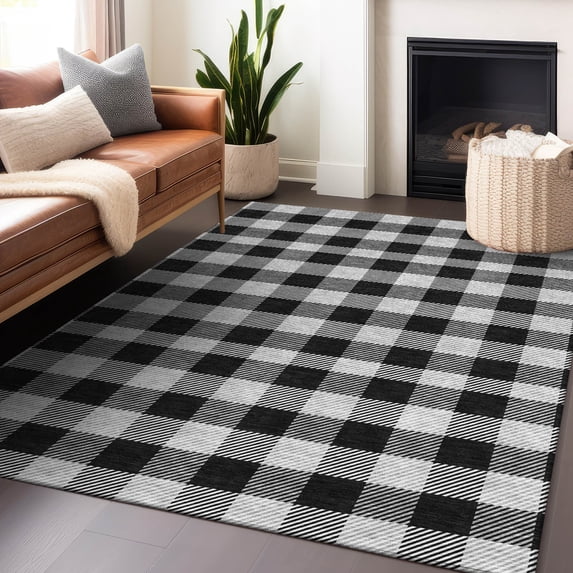 Addison Rugs Chantille Indoor/Outdoor Transitional Plaid Black Washable Rectangle Rug, 8' x 10'