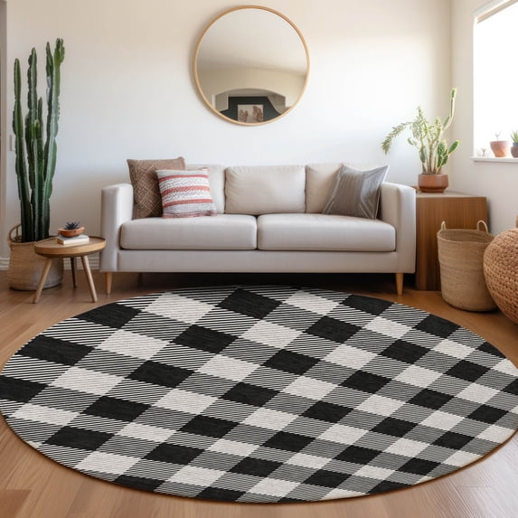 Addison Rugs Chantille Indoor/Outdoor Transitional Plaid Black Washable Round Rug, 8' x 8'