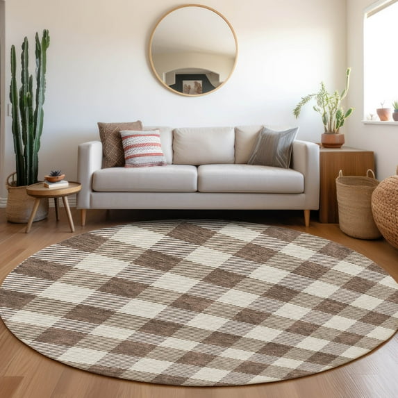 Addison Rugs Chantille Indoor/Outdoor Transitional Plaid Brown Washable Round Rug, 8' x 8'