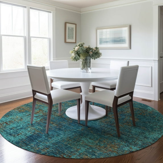 Addison Rugs Chantille Indoor/Outdoor Transitional Abstract Teal Washable Round Rug, 8' x 8'