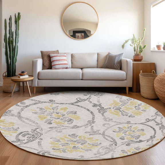 Addison Rugs Chantille Indoor/Outdoor Traditional Floral Silver Washable Round Rug, 8' x 8'