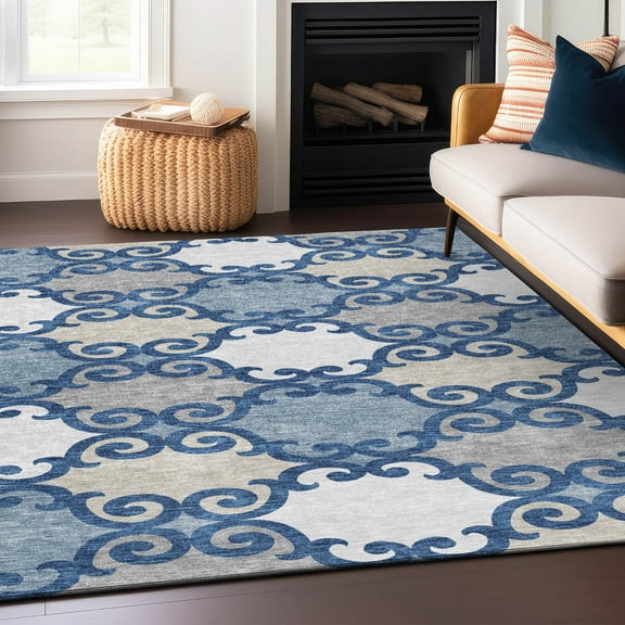 Addison Rugs Chantille Indoor/Outdoor Transitional Scrolls Navy Washable Rectangle Rug, 10' x 14'