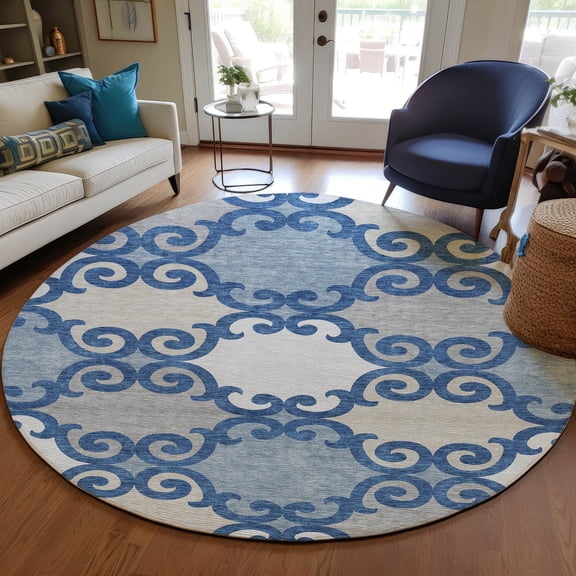 Addison Rugs Chantille Indoor/Outdoor Transitional Scrolls Navy Washable Round Rug, 8' x 8'