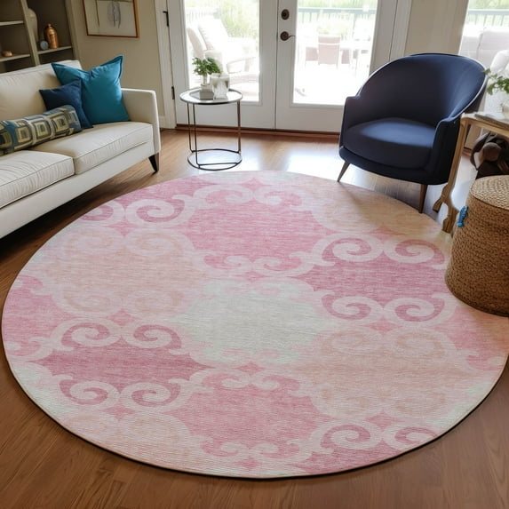 Addison Rugs Chantille Indoor/Outdoor Transitional Scrolls Pink Washable Round Rug, 8' x 8'
