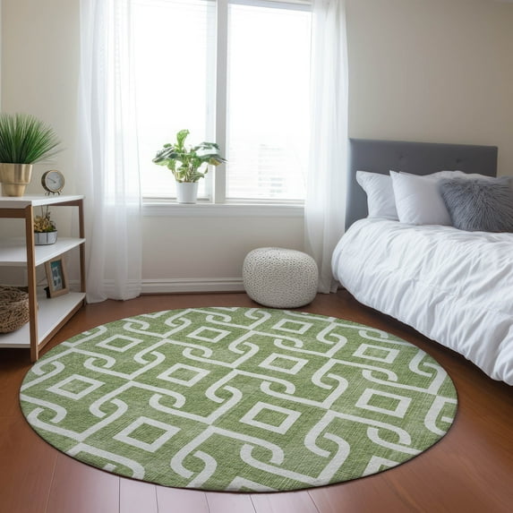 Addison Rugs Chantille Indoor/Outdoor Transitional Geometric Green Washable Round Rug, 8' x 8'