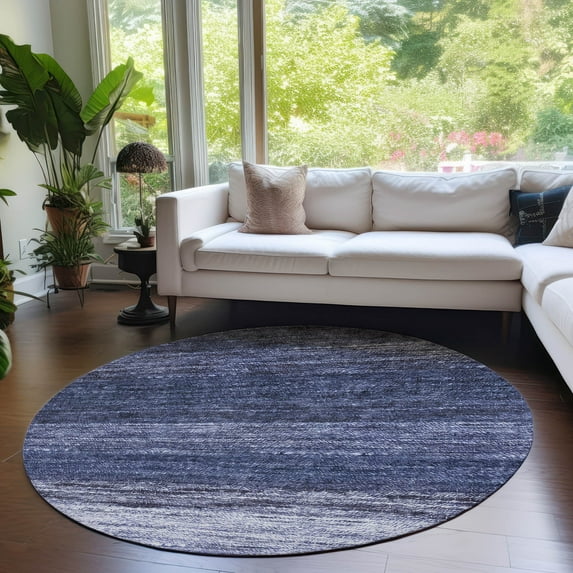 Addison Rugs Chantille Indoor/Outdoor Transitional Lines Blue Washable Round Rug, 8' x 8'