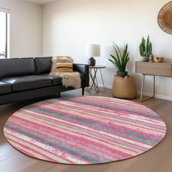 Addison Rugs Chantille Indoor/Outdoor Transitional Stripes Pink Washable Round Rug, 8' x 8'
