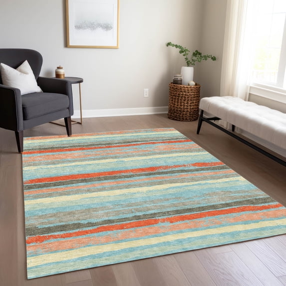 Addison Rugs Chantille Indoor/Outdoor Transitional Stripes Sky Washable Rectangle Rug, 8' x 10'