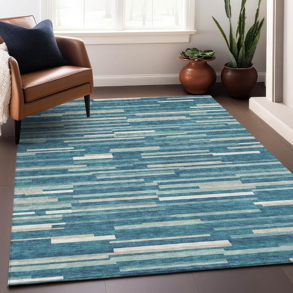 Addison Rugs Chantille Indoor/Outdoor Transitional Stripes Teal Washable Rectangle Rug, 3' x 5'