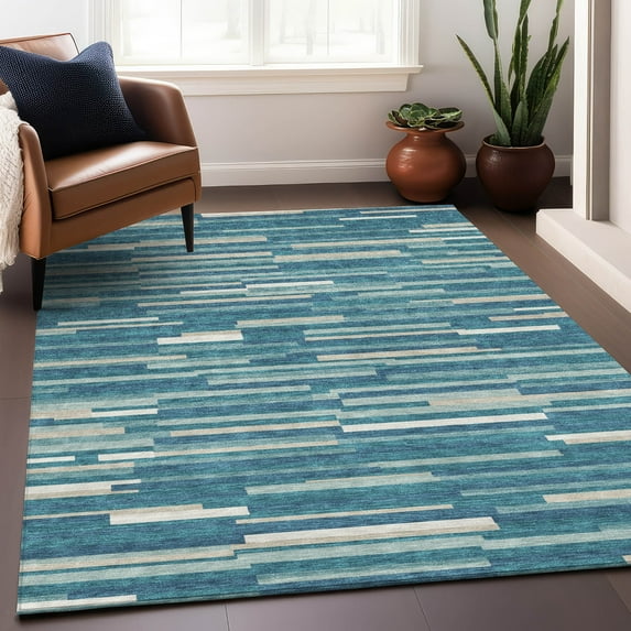 Addison Rugs Chantille Indoor/Outdoor Transitional Stripes Teal Washable Rectangle Rug, 5' x 7'6"