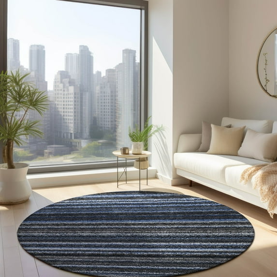 Addison Rugs Chantille Indoor/Outdoor Transitional Stripes Blue Washable Round Rug, 8' x 8'