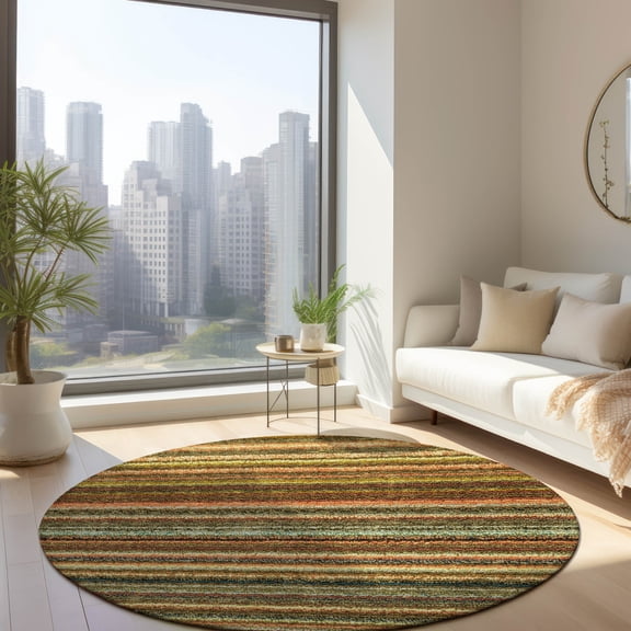 Addison Rugs Chantille Indoor/Outdoor Transitional Stripes Coral Washable Round Rug, 8' x 8'