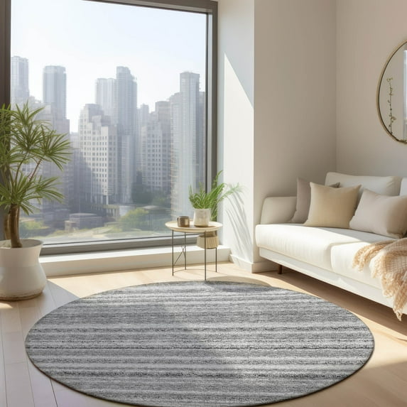Addison Rugs Chantille Indoor/Outdoor Transitional Stripes Gray Washable Round Rug, 8' x 8'