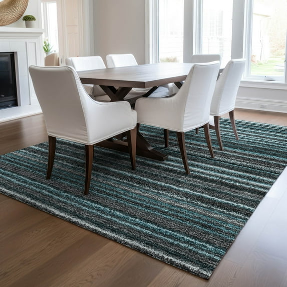 Addison Rugs Chantille Indoor/Outdoor Transitional Stripes Teal Washable Rectangle Rug, 9' x 12'