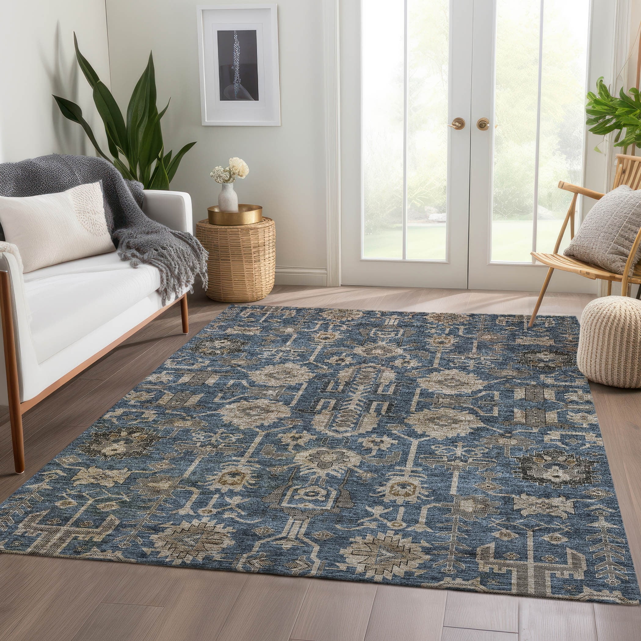Navy and Beige Flat Woven Synthetic Indoor/Outdoor Rug 3' x 5'