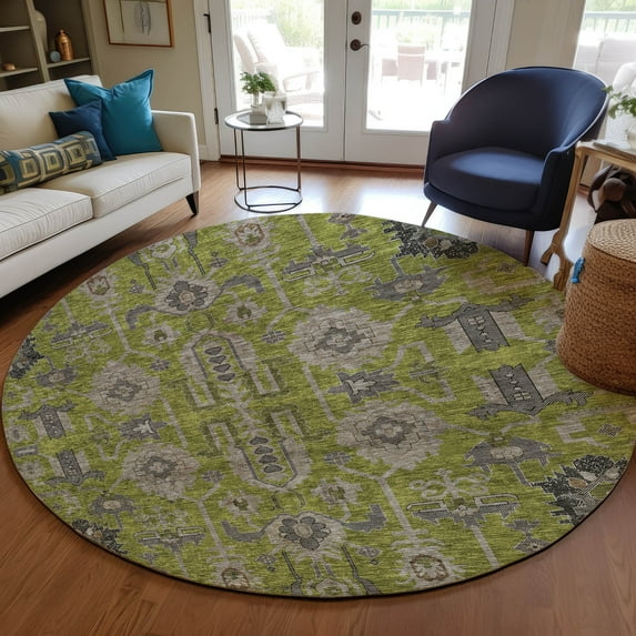 Addison Rugs Chantille Indoor/Outdoor Traditional Oriental Olive Washable Round Rug, 8' x 8'