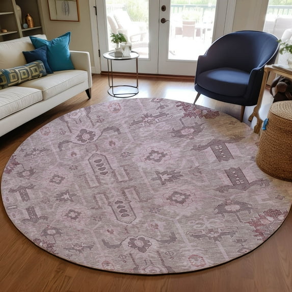 Addison Rugs Chantille Indoor/Outdoor Traditional Oriental Pink Washable Round Rug, 8' x 8'