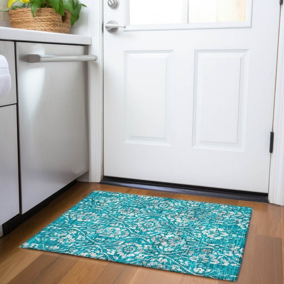 Addison Rugs Chantille Indoor/Outdoor Transitional Floral Teal Washable Rectangle Rug, 1'8" x 2'6"
