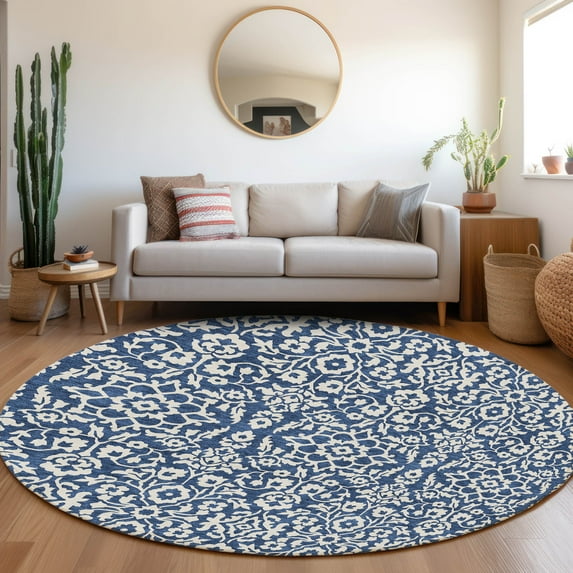 Addison Rugs Chantille Indoor/Outdoor Traditional Damask Navy Washable Round Rug, 8' x 8'