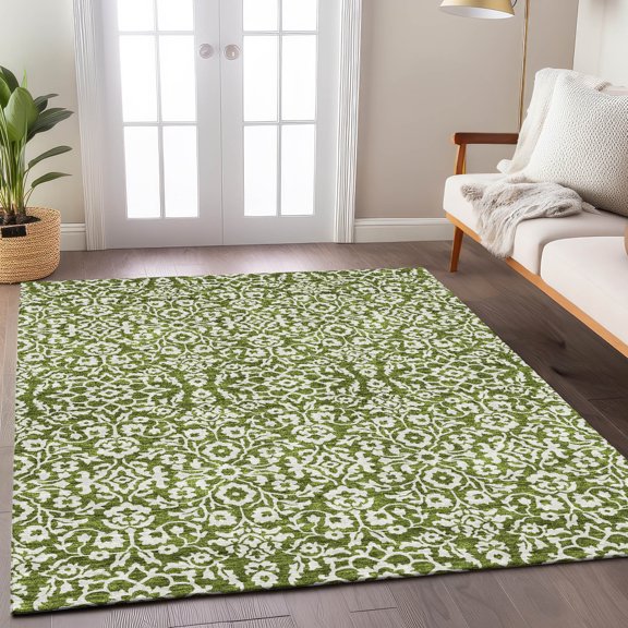 Addison Rugs Chantille Indoor/Outdoor Traditional Damask Olive Washable Rectangle Rug, 5' x 7'6"